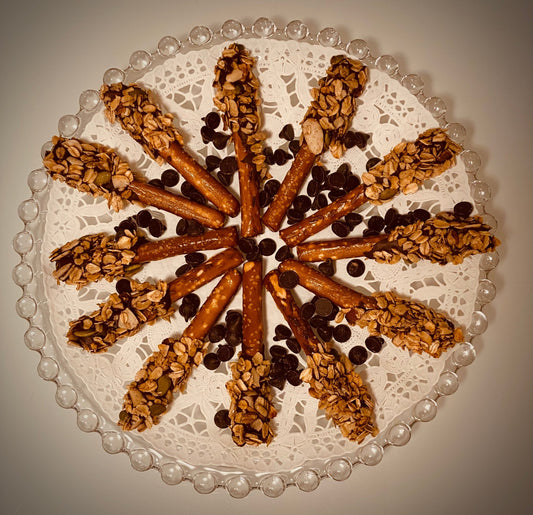 Granolala Chocolate Pretzel Sticks pinwheel array on plate