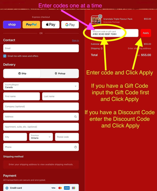 Granolala online checkout with Gift and Discount codes