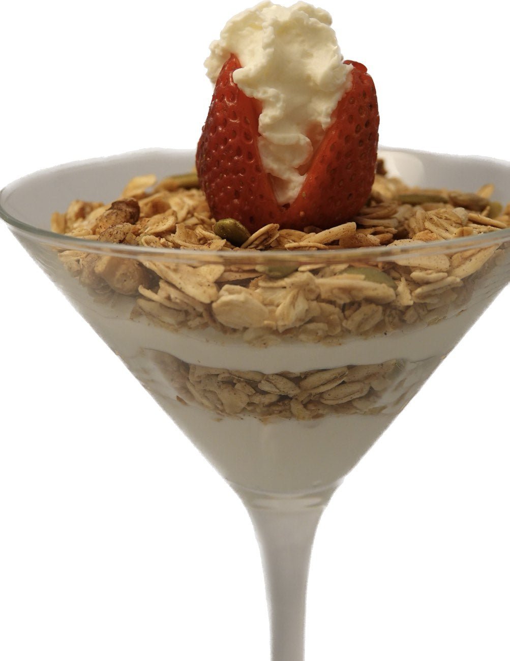 V shaped tall glass holding layers of yogurt and Granolala 