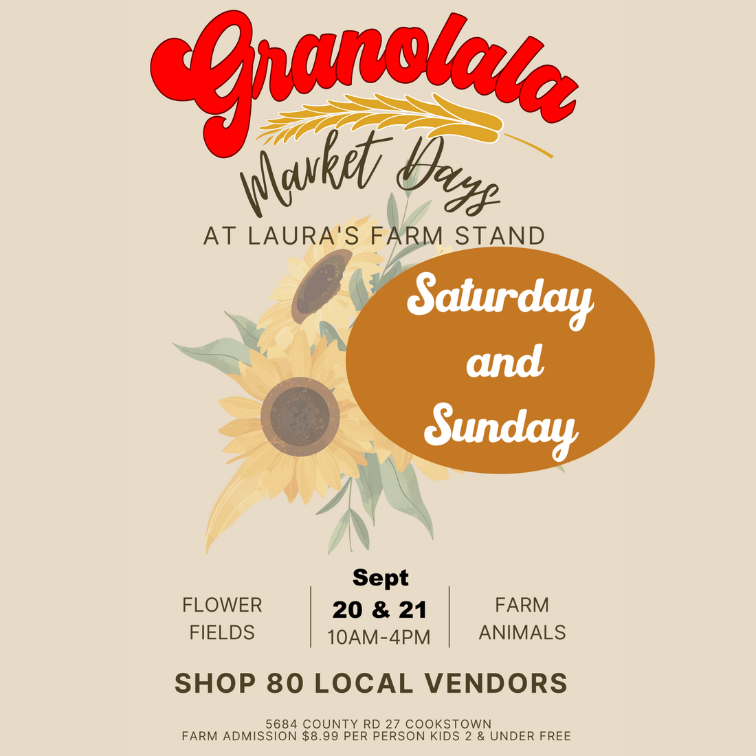 September 20 & 21 - Granolala at Laura’s Farmstand Market Days