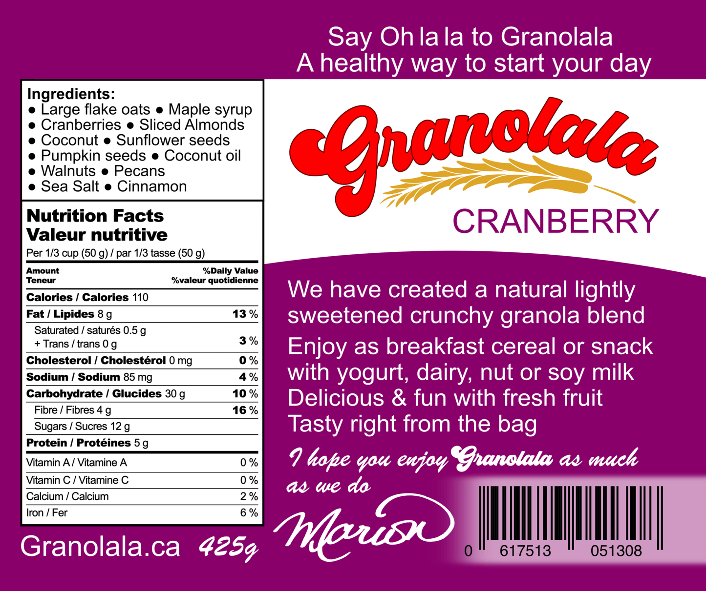 Granolala Cranberry Back Label